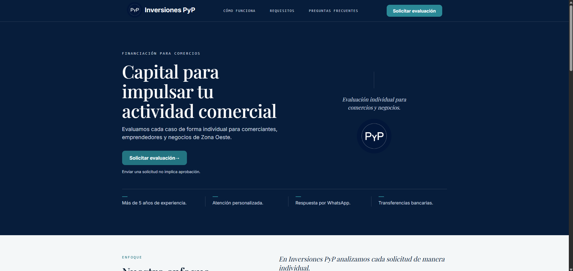 Captura del sitio de Inversiones PyP